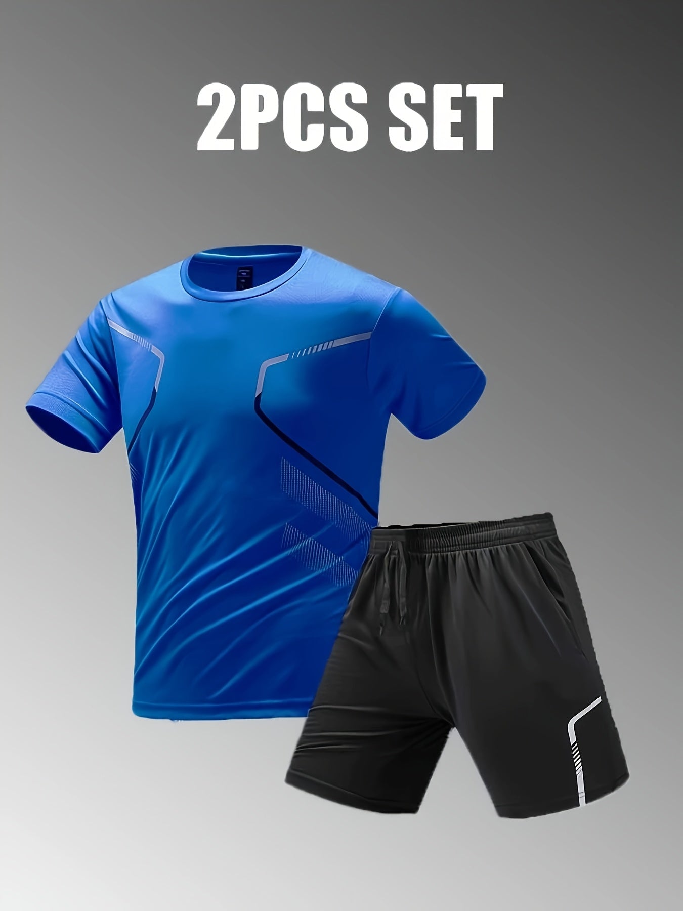 2pcs Men's Summer Sportswear Set - Comfortable Polyester Crew Neck T-Shirt & Black Drawstring Shorts with Side Stripe, Casual Style, Easy Care, Athletic Shorts