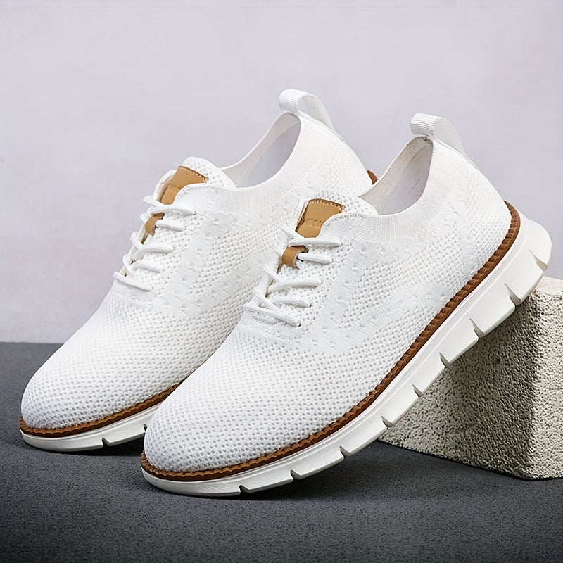 Men's Breathable Knit Business Casual Shoes - Beige with Brown Accents, Lace-Up, EVA Sole, Round Toe, Versatile for All Seasons, Dressy Shoes