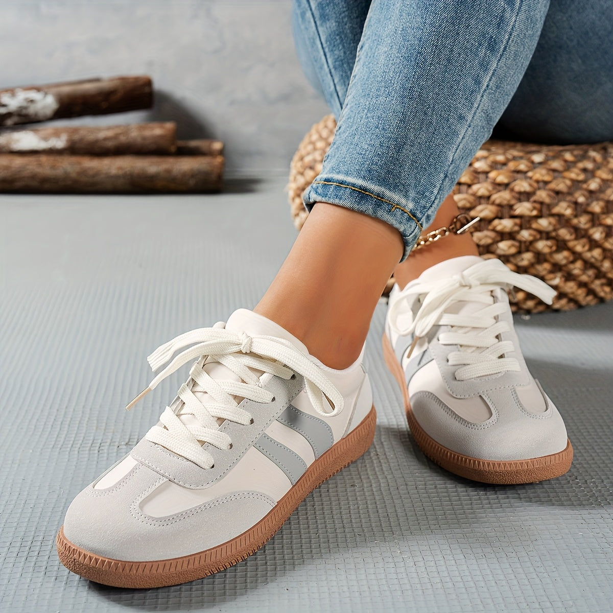 Women's Casual Low-Top Sneakers - Trendy Color Block Design, Light Gray with Navy Blue & Red Stripes, Comfortable Lace-Up Shoes for Casual Attire, Retro Style, Faux Cover Upper, PVC Sole, EVA Insole, Perfect for Spring and Fa