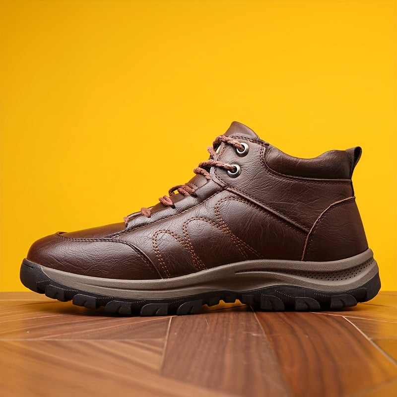 Men'S Stylish Black Leather High-Top Boots - Casual, Fashionable, Business-Ready with Lace-Up Closure, Rubber Sole, and Round Toe Design for Winter Sports and Daily Wear, Winter Boots|Stylish High Boots|Laceup Boots