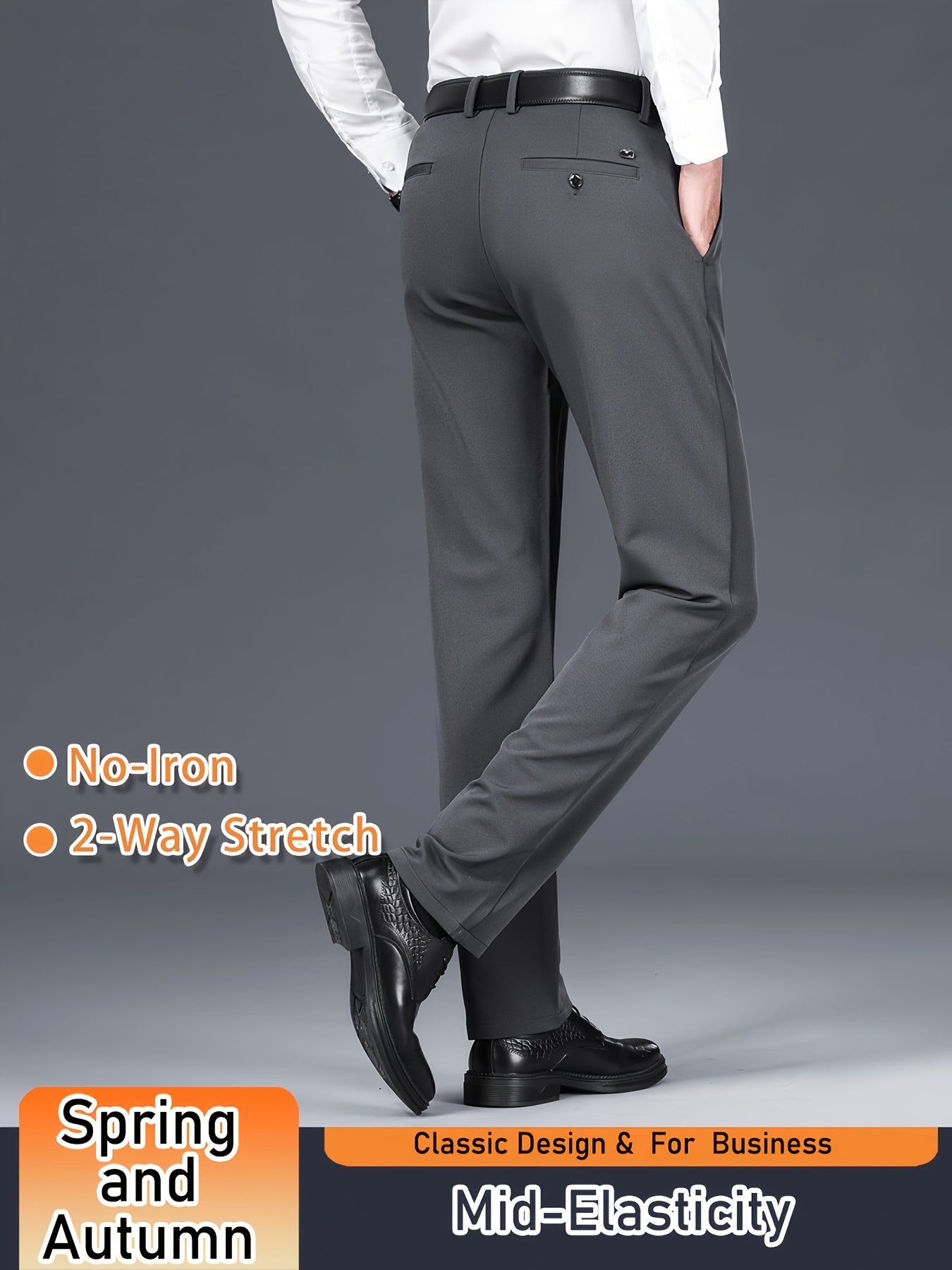 Men's Solid Color Dress Pants, Classic Design Slightly Stretch Formal Dress Pants For Business Occasions, Spring And Fall