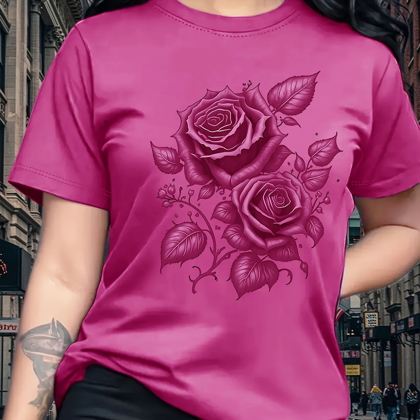 Women's Light Blue Yellow Rose Print T-Shirt - Short Sleeve Crew Neck Casual Top with Medium Stretch, Machine Washable & Breathable Fabric for All-Season Comfort, Relaxed Style, Graphic Tee, Stretchy Material, Printed Shirt,