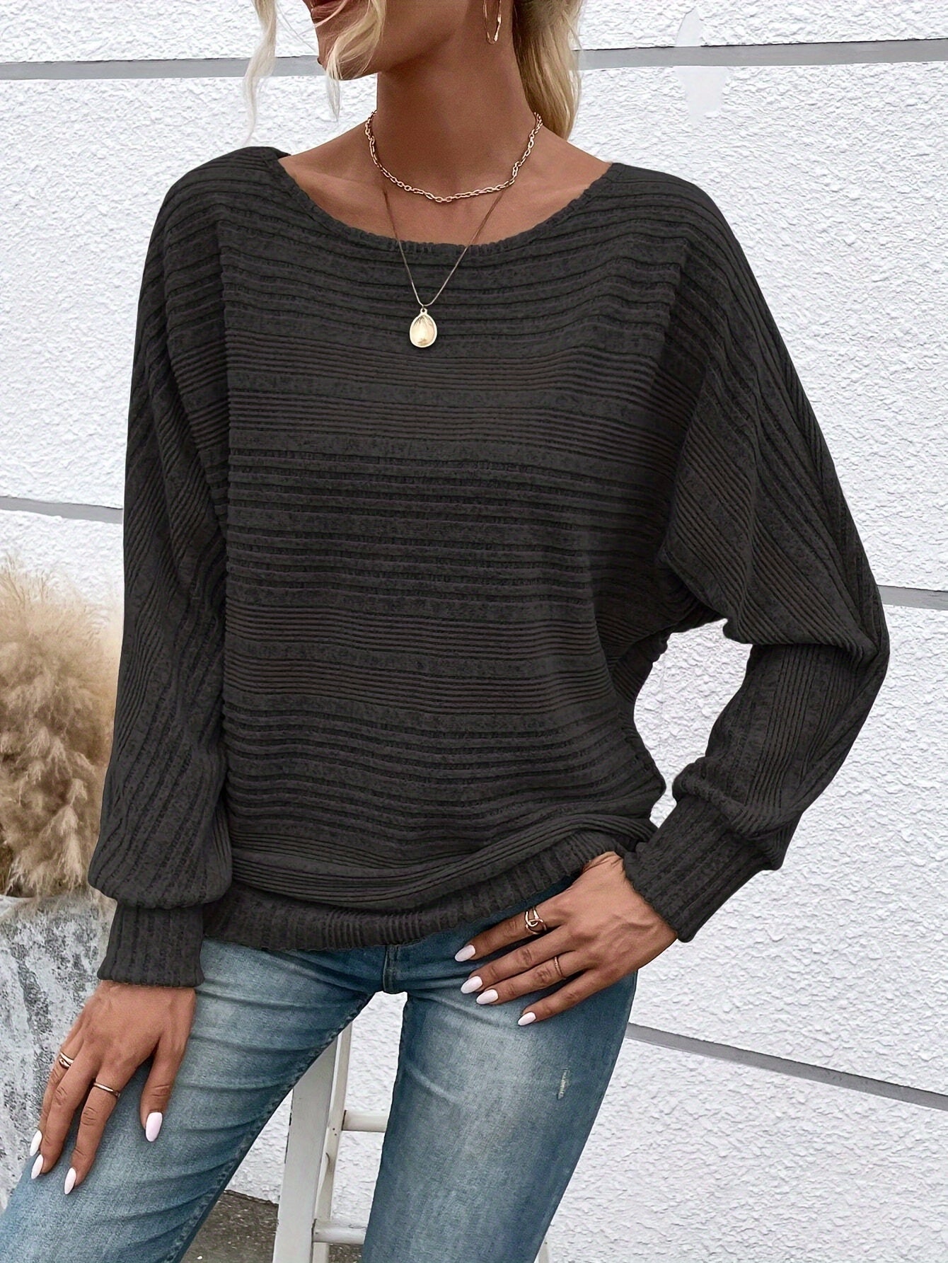 1 հատ Women'S Casual Crew Neck Knit T-shirt - պոլիեսթեր պինդ գույնի երկարաթև վերնաշապիկ գարնան/աշունի համար