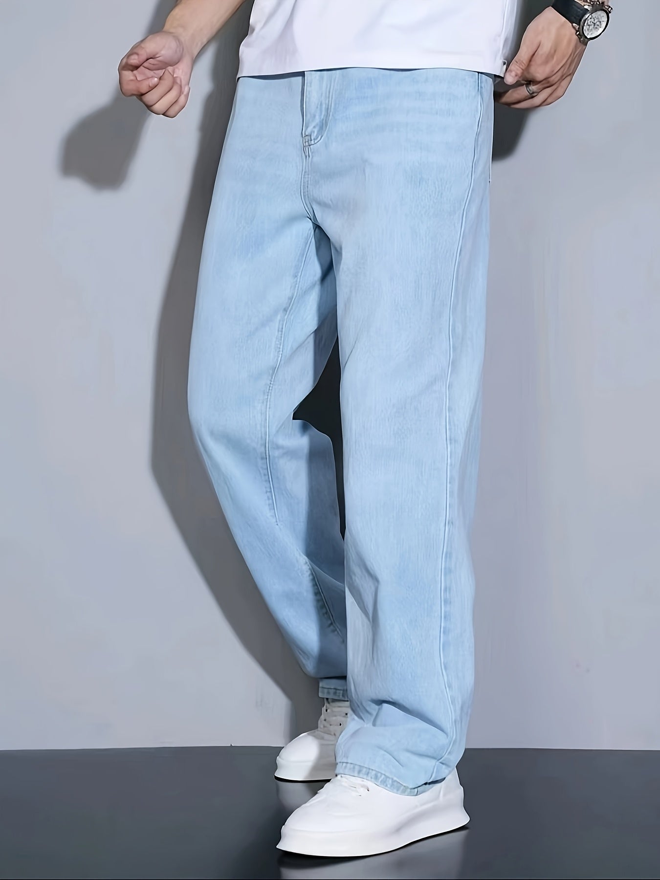 Men's Slim Fit Blue Jeans - All-Season, Non-Stretch Denim, Mid-Rise, Zip Closure, Casual Streetwear Style, Machine Washable, Yearround Wear|Sleek Jeans|Glossy Finish