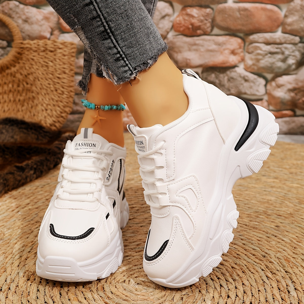 1 Pair Women'S Fashion Sneakers - Lightweight All-Season Casual Sports Shoes with Man-Made Upper, Fabric Inner, Faux Leather Sole, and Random Printing Design