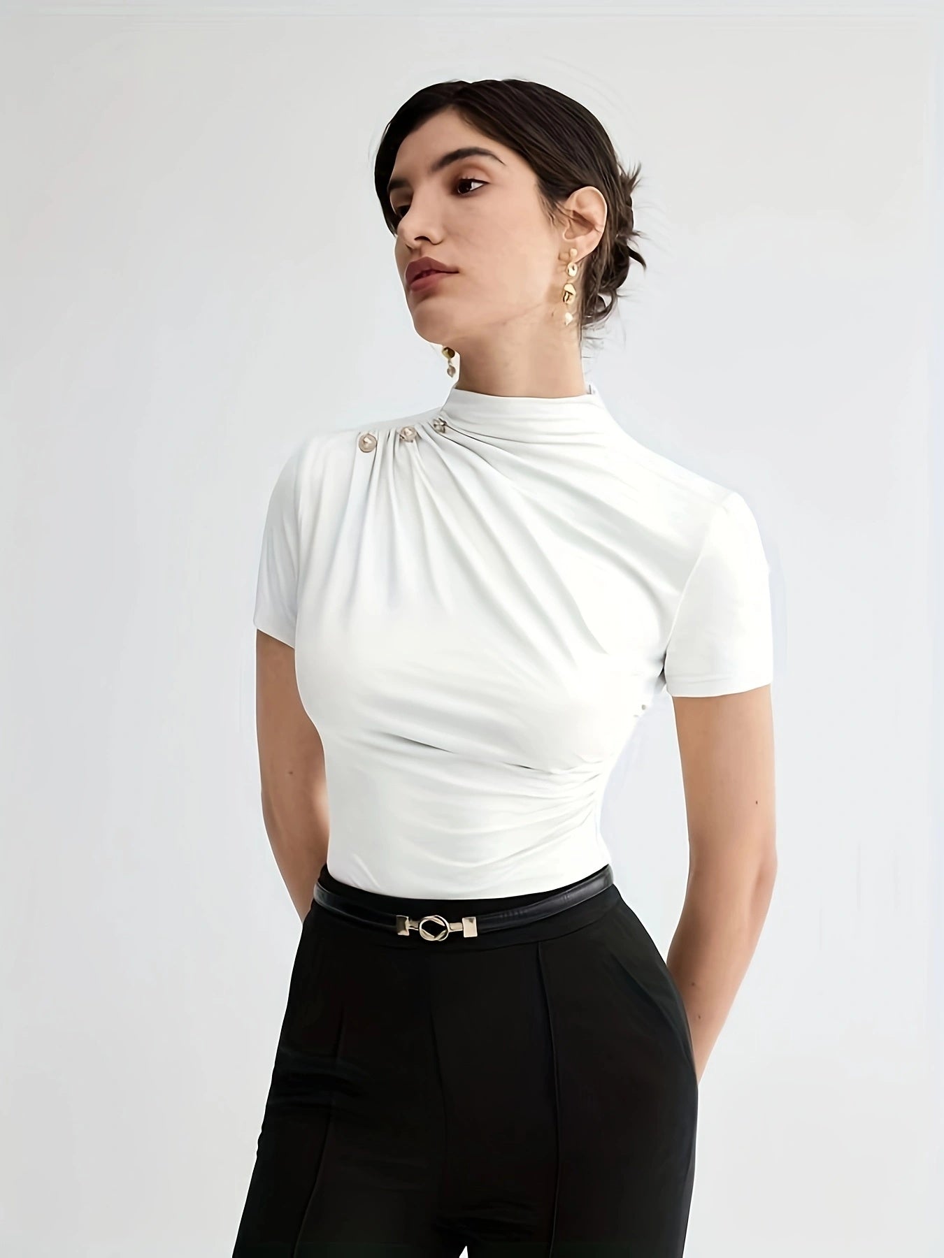 Elegant White Short Sleeve Turtleneck Top with Button Detail - Versatile Summer Blouse for Women, Casual Attire|Minimalist Style|Sleek Fit