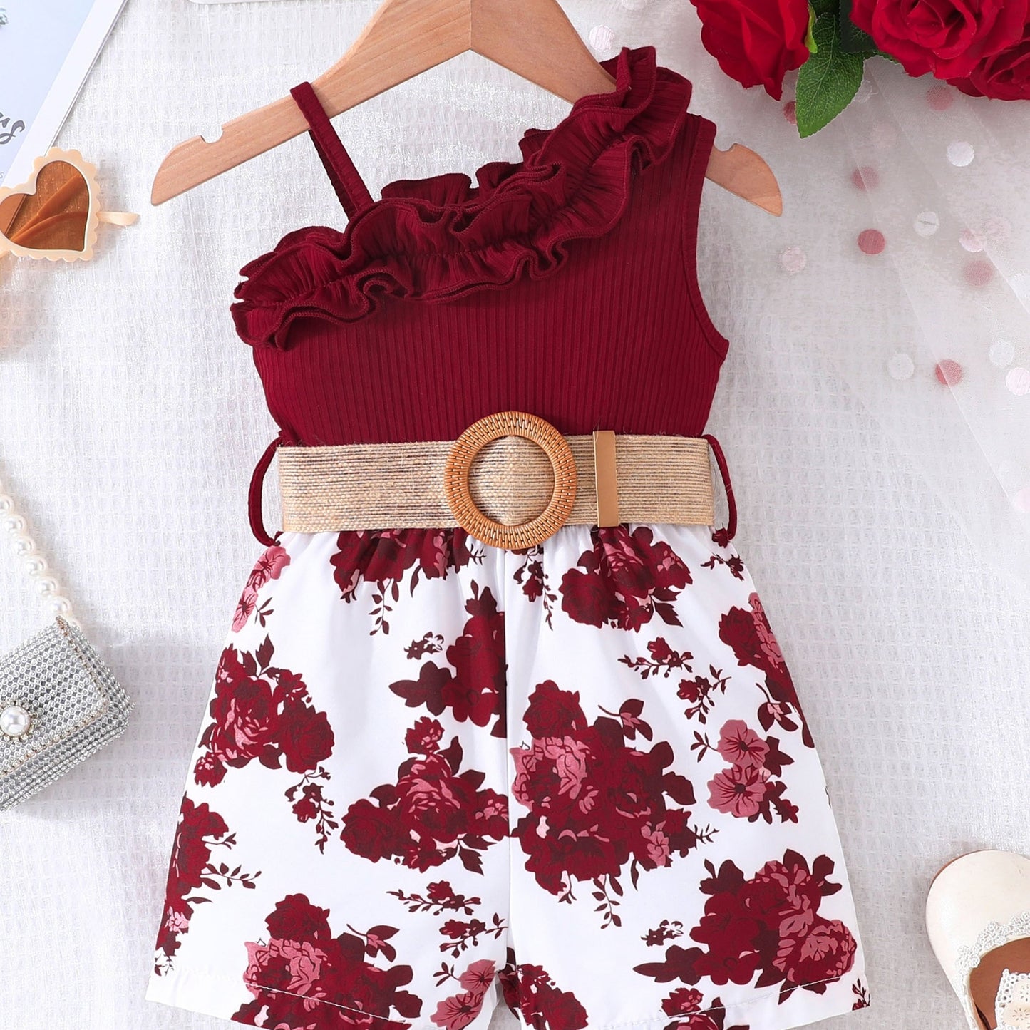 Baby's Vacation Style Flower Pattern Splicing One-Shoulder Romper With Belt, Toddler & Infant Girl's Bodysuit For Summer Daily & Outdoor Wear