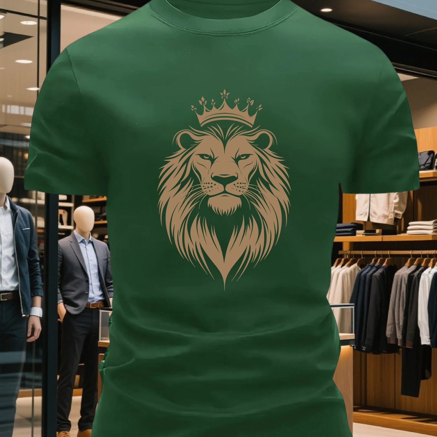 Men's 100% Cotton Crew Neck Short Sleeve T-Shirt with Regal Lion Crown Graphic Print - Navy Blue Casual Comfort Fit, Machine Washable All-Season Versatile Top, Cotton T Shirts, Leisure Clothing, Creative Print Shirt, Soft Tex