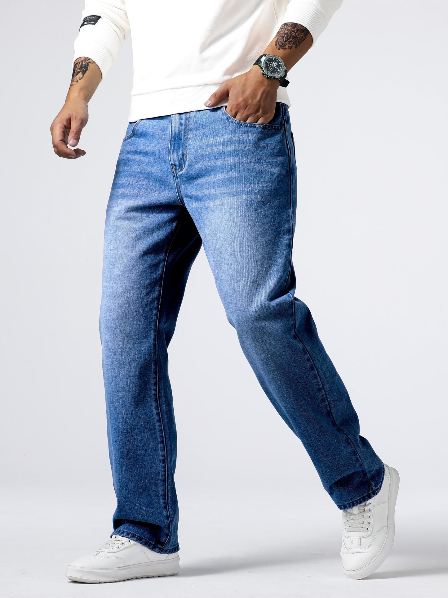 Loose Fit Straight Leg Jeans, Men's Casual Street Style Distressed Denim Pants For All Seasons
