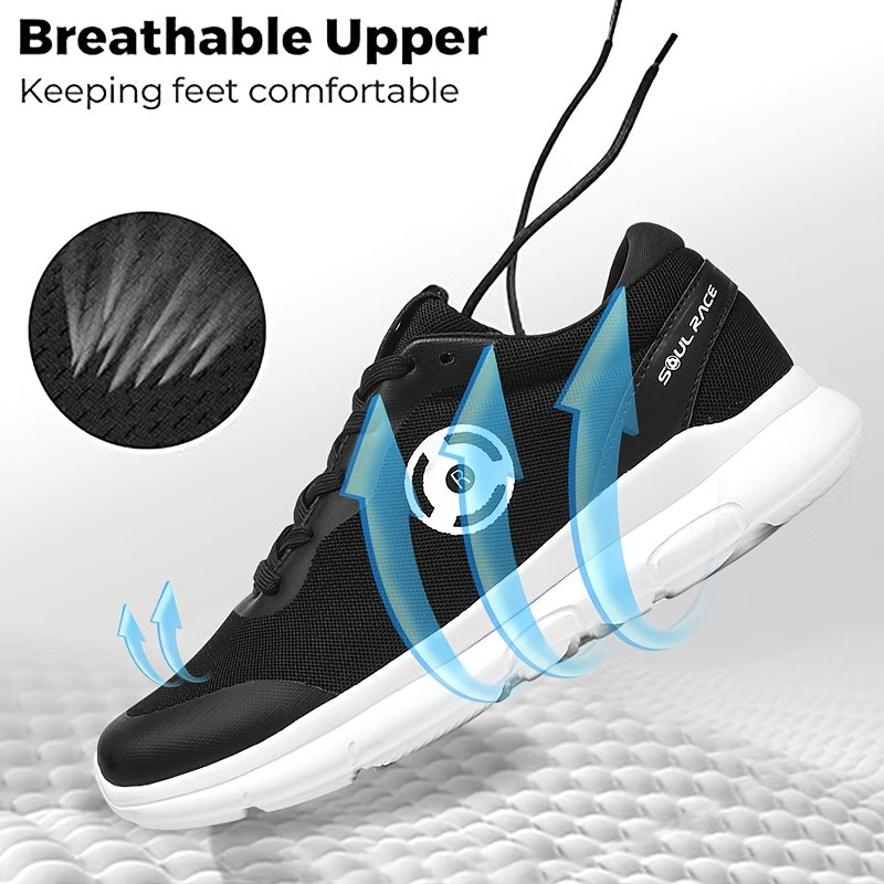 Men's Lightweight Breathable Mesh Sneakers - Casual Lace-Up Running Shoes with EVA Cushioning, Black & White Design, Sizes 8-14