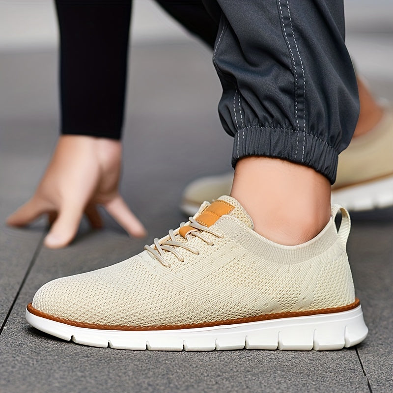 Men's Breathable Knit Business Casual Shoes - Beige with Brown Accents, Lace-Up, EVA Sole, Round Toe, Versatile for All Seasons, Dressy Shoes