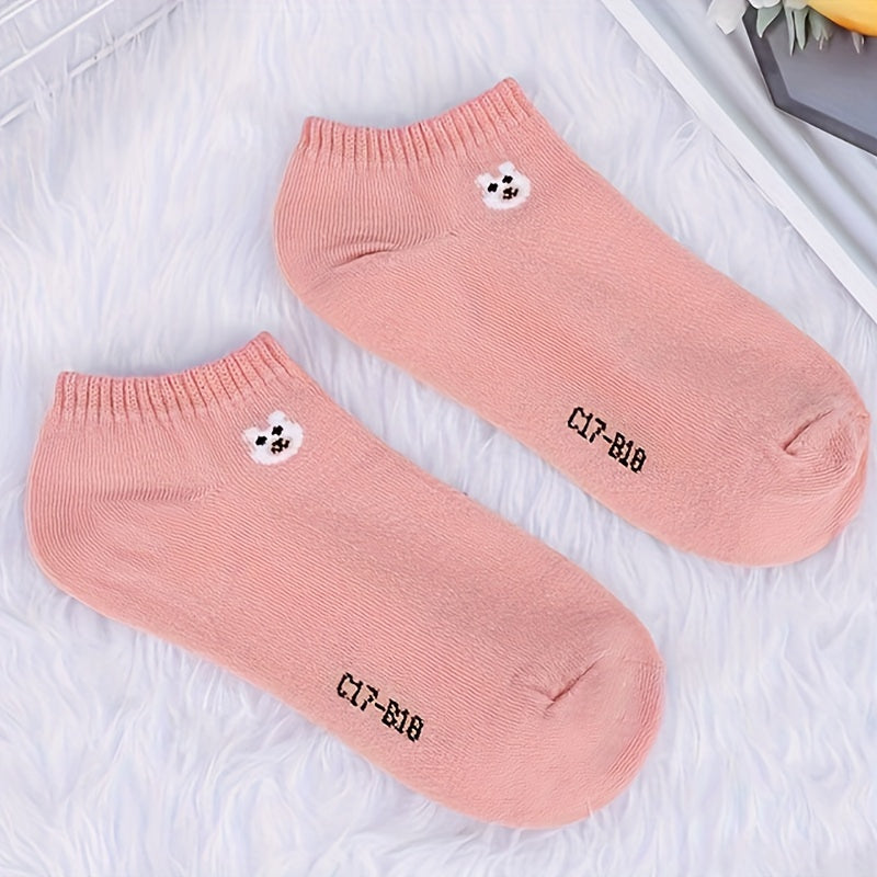 5 Pairs Women'S Cute Bear Animal Print Casual Breathable Sweat-Absorbent Low Cut Short Socks, 98% Polyester 2% Spandex, Knit Fabric, 290g/m² - Fashionable and Comfortable