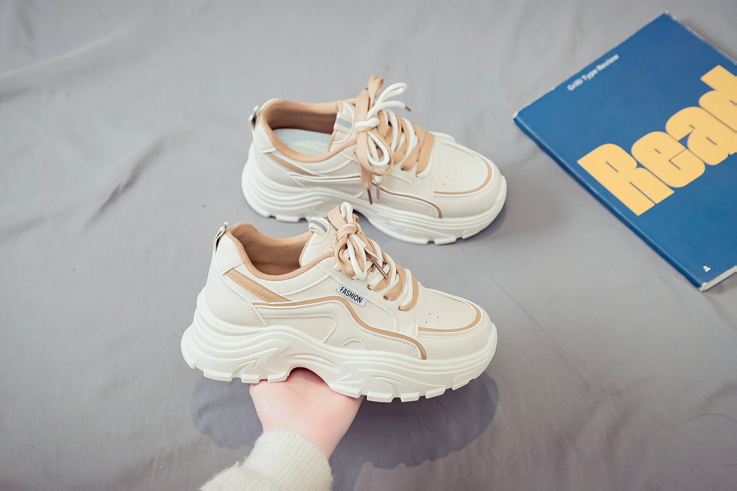 Women's Trendy Chunky Sneakers - Breathable Lace-Up Dad Shoes with Thick PVC Sole, White Beige Two-Tone Design, Versatile Low-Top Style for Casual Attire