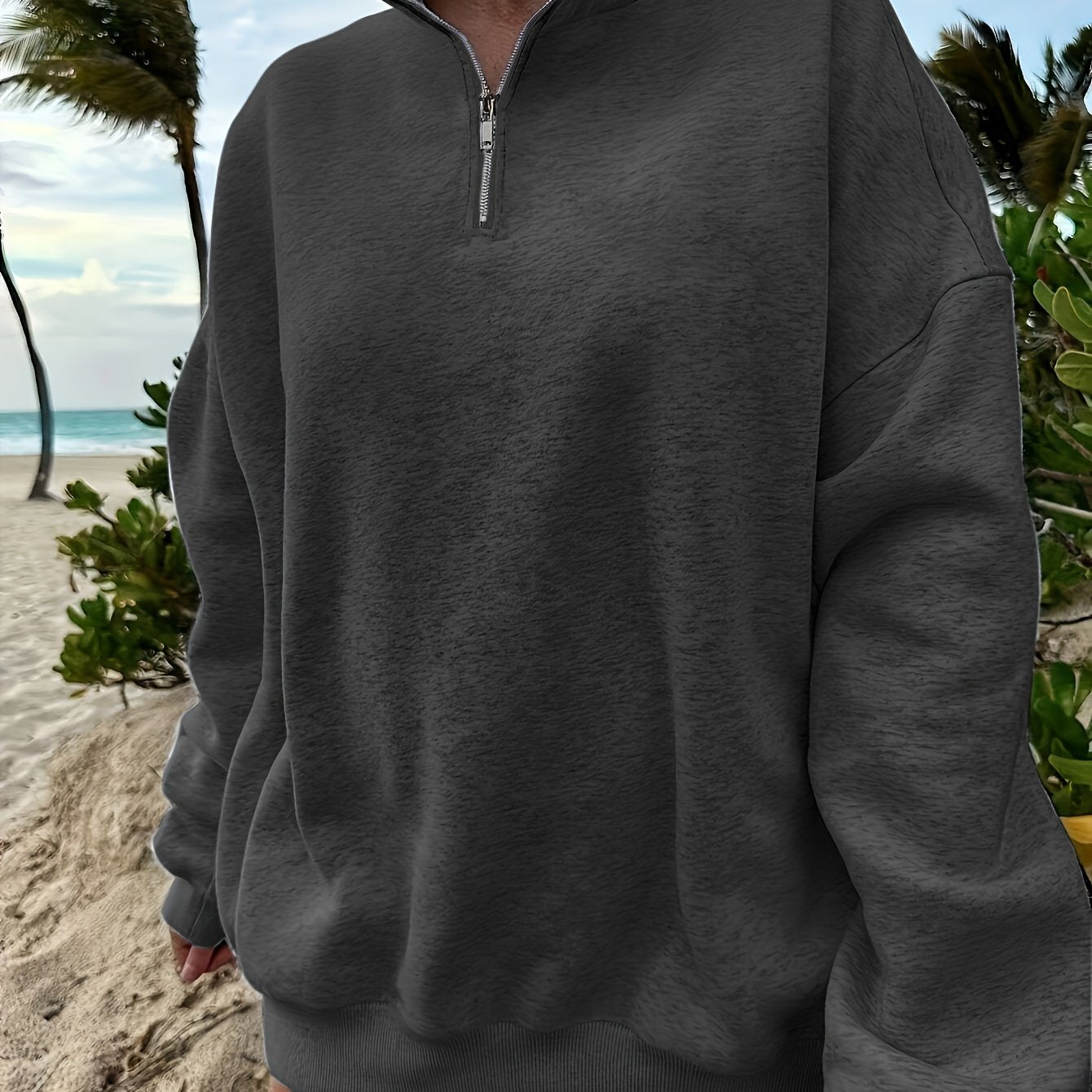 Women's Casual Heather Gray Half-Zip Sweatshirt - Soft Polyester & Elastane Blend, Long Sleeve, Stand Collar, Machine Washable - Perfect for Spring/Fall