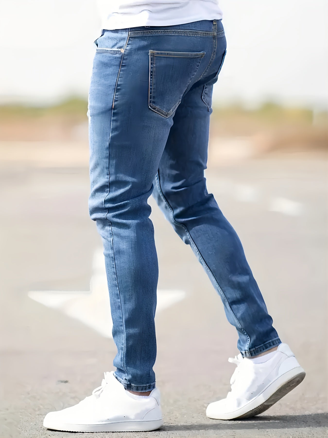 Men's Slim Fit Stretch Denim Jeans - Casual, Breathable & Machine Washable with Ripped Detail