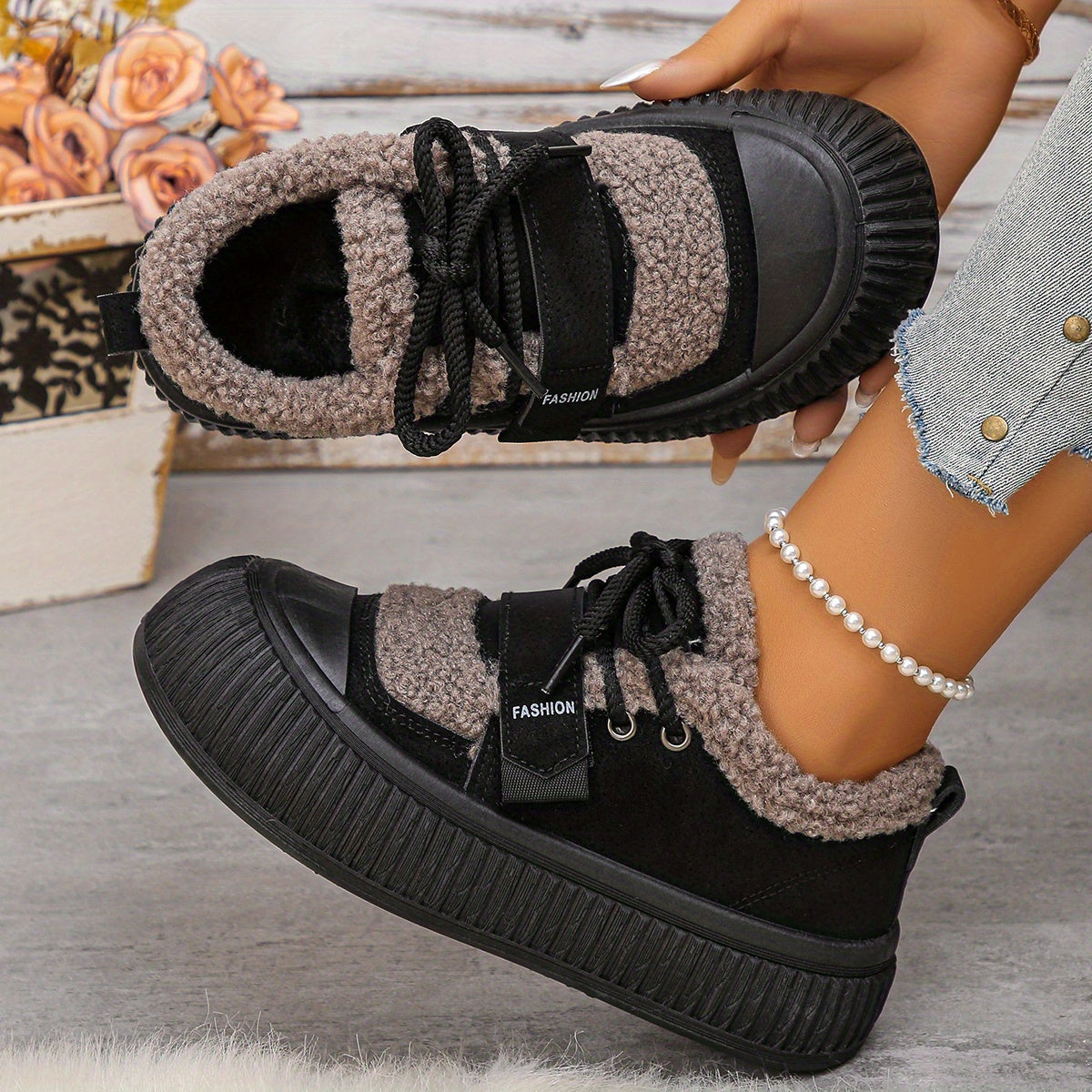 Women's Winter Plush Fleece-Lined Thermal Shoes - Upper & Rubber Sole Low-Top Ankle Boots with Faux Fur Collar, Brown/Beige/ Traction Tread for Cold Weather, Casual & Semi-Formal Outfits - Cozy Warm Winter Boots with Fleece L