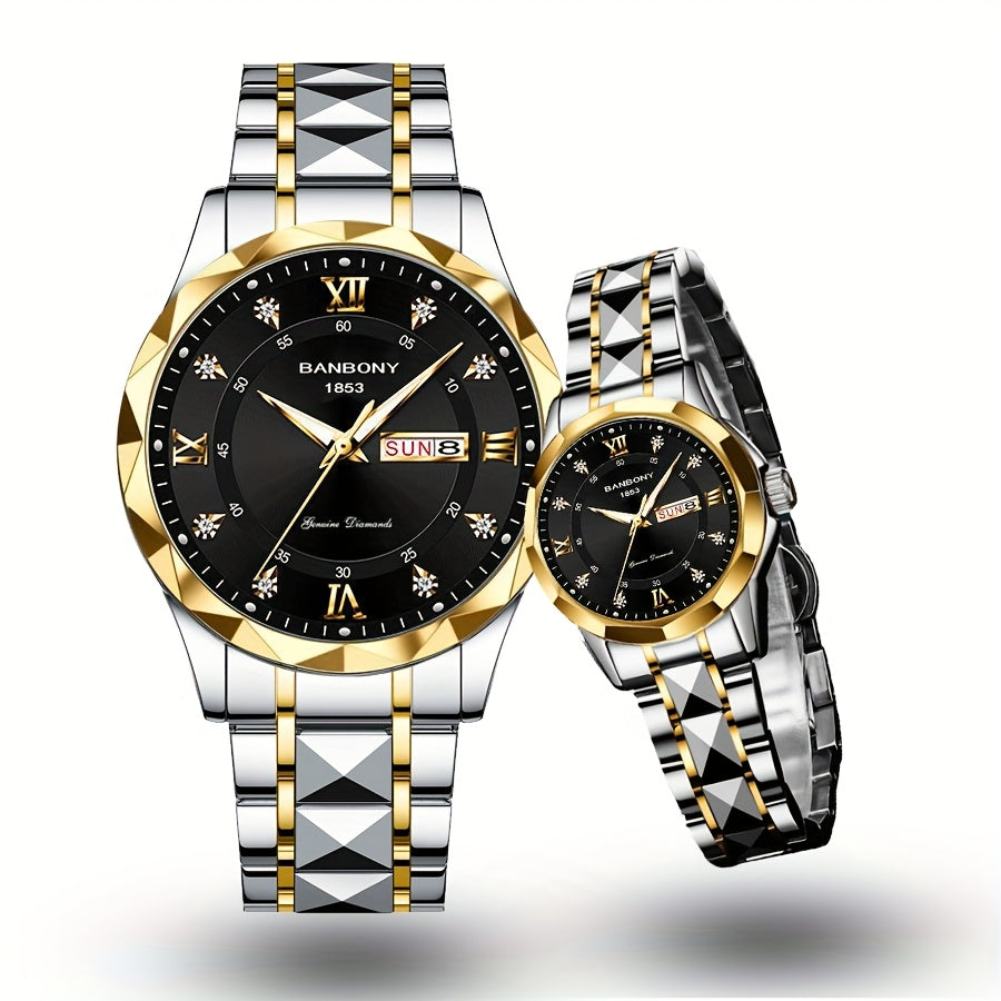 2pcs Couple Watch BANBONY Brand Trendy Fashion Men's and Women's Quartz Watch Stainless Steel Strap with Rhinestone Luminous High-definition Disc Waterproof Night Light Display Week Calendar Display Wristwatch Holiday Gift fo
