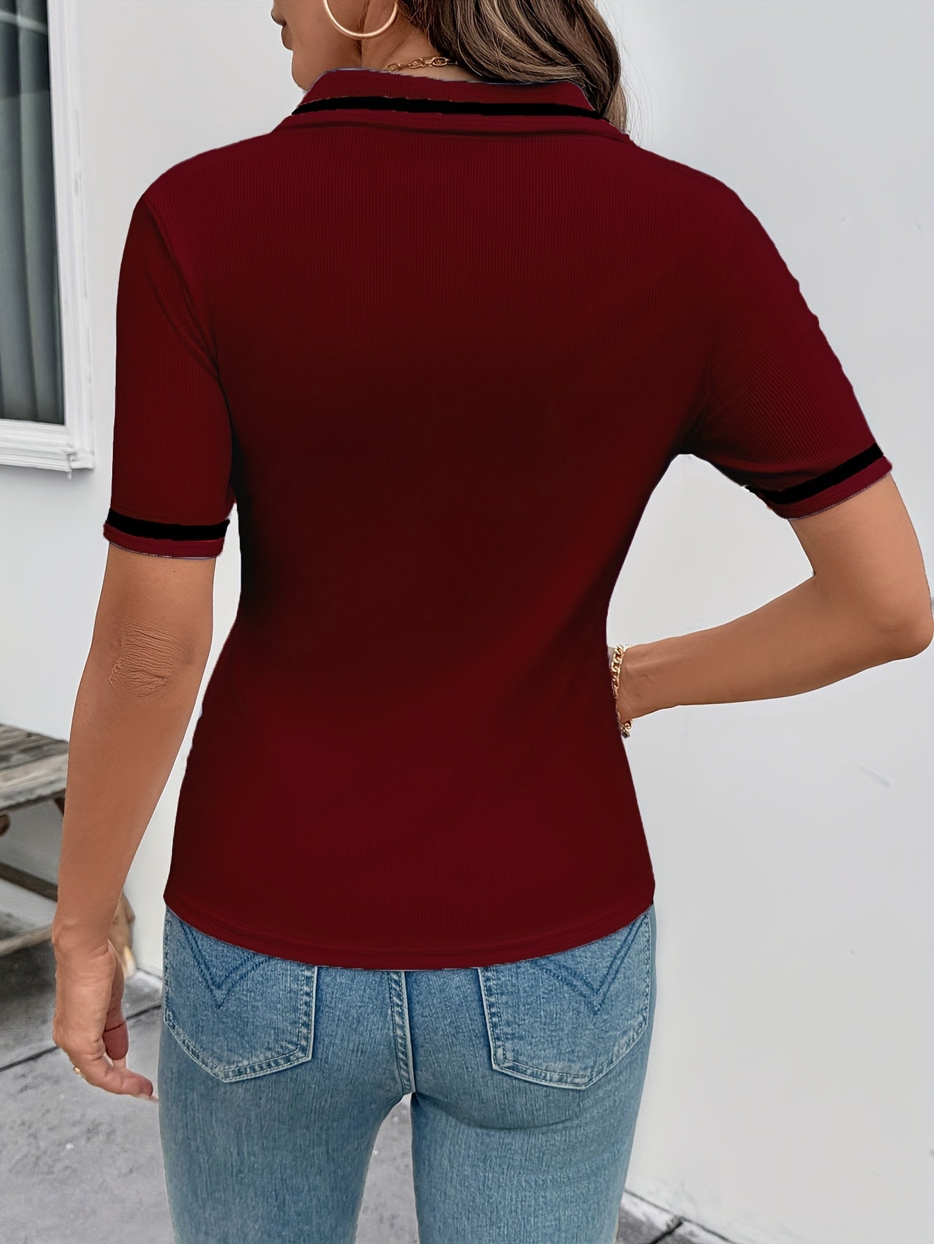 Women's Elegant Black Shirt with White Collar & Cuff Detail - Short Sleeve, Zippered, Stretchy Polyester-Spandex Blend, Machine Washable, Perfect for Casual or Professional Outfits