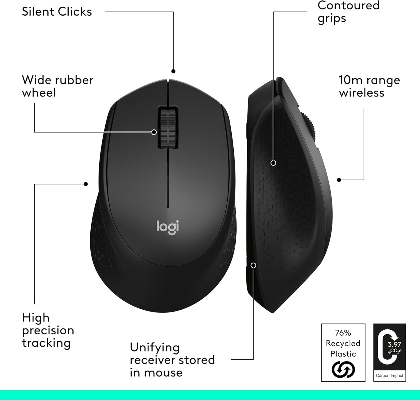 Logitech M330 SILENT Wireless Mouse, 2.4Ghz with USB Receiver, Optical Tracking, Quiet & Lightweight, Long Battery Life, for PC, Mac, Laptop, Chromebook - Black