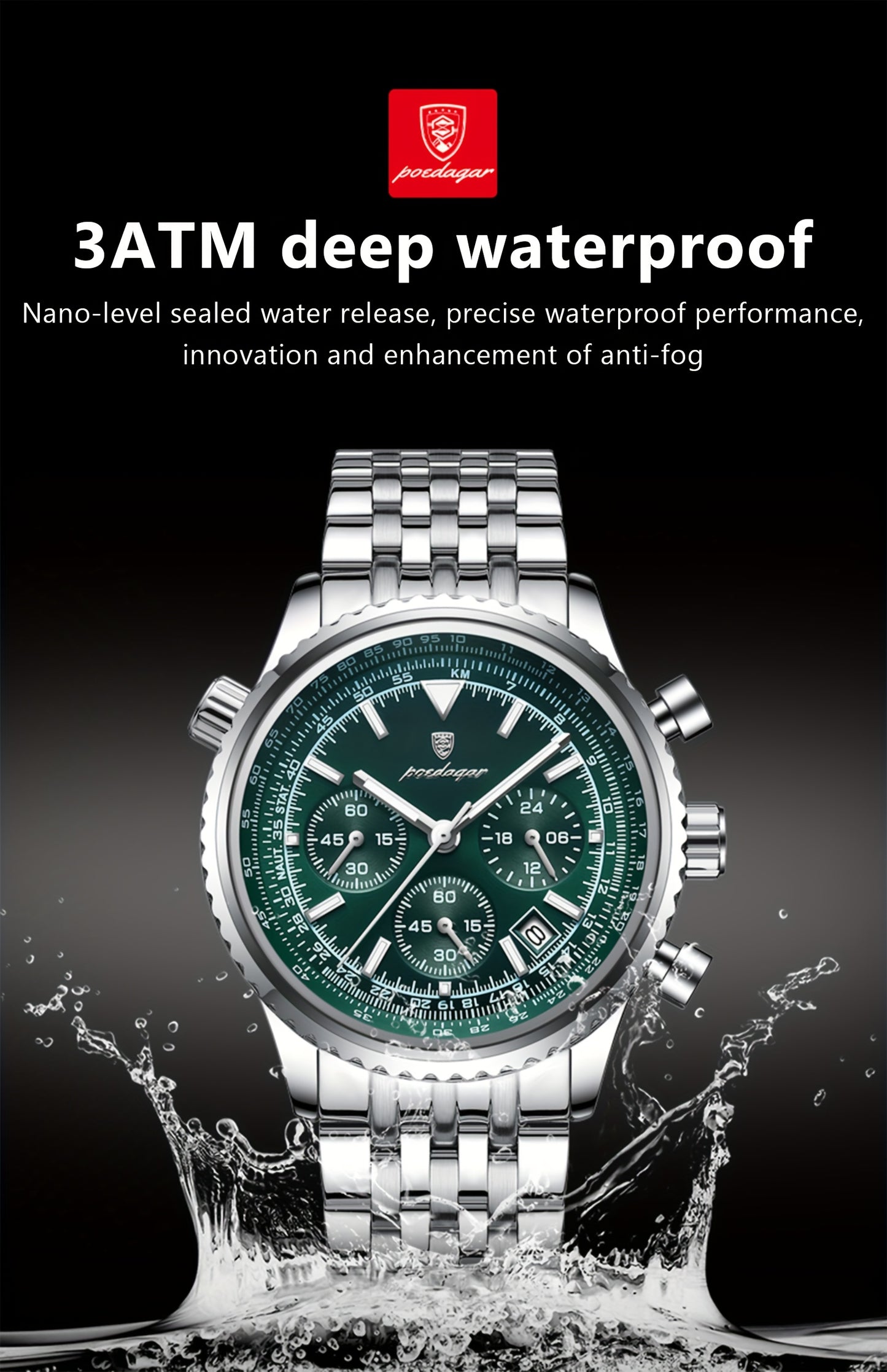 POEDAGAR Men's Luxury Stainless Steel Watch, Chronograph, Calendar, Date Display, Green Dial with Black Bezel & Roman Numerals, Quartz Movement, Casual to Business Style, Suitable for Women
