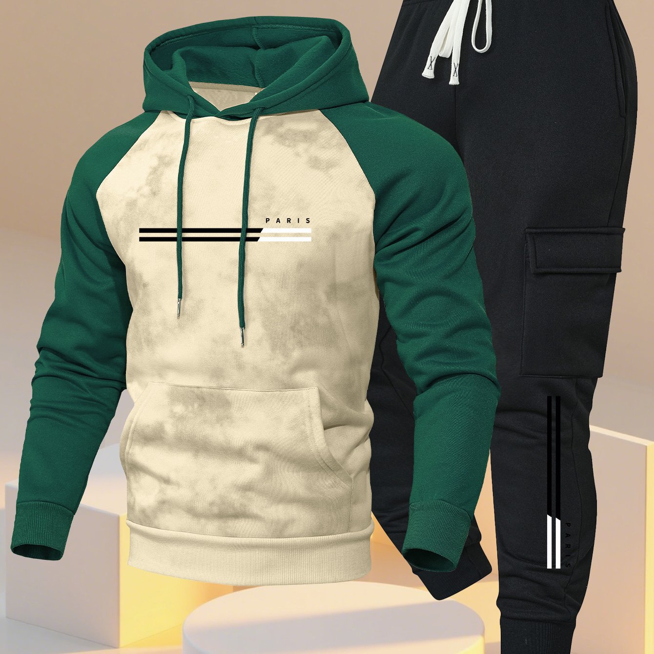 A New Trendy Color-Blocked Hoodie with Raglan Sleeves And Loose-Fitting Cargo Pants Featuring Multiple Pockets, Perfect for Casual Everyday Wear. This Breathable Hoodie And Loose Long Pants Set Comes in a Two-Piece Print Desi