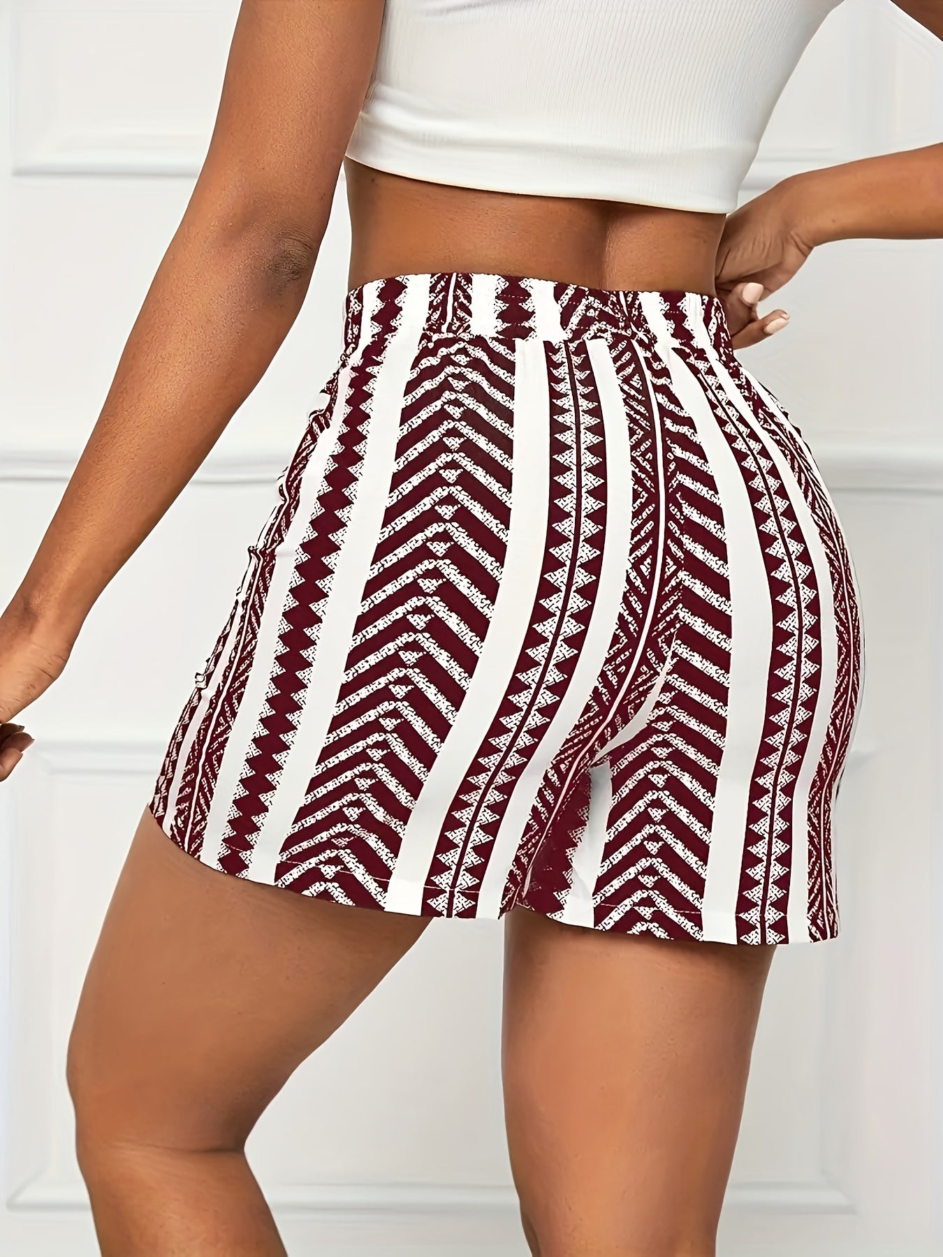 Women's Summer Striped Print Shorts - Vacation Elastic Waist, Lightweight Polyester Blend, Machine Washable, Maroon and White, Resort Fashion|Striped Pattern|Lightweight Fabric