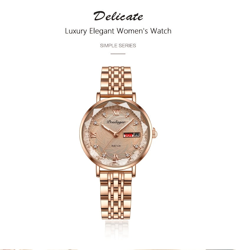 POEDAGAR Women's Luxury Quartz Watch, Luminous with Dual Calendar & Date Display, Stainless Steel Band