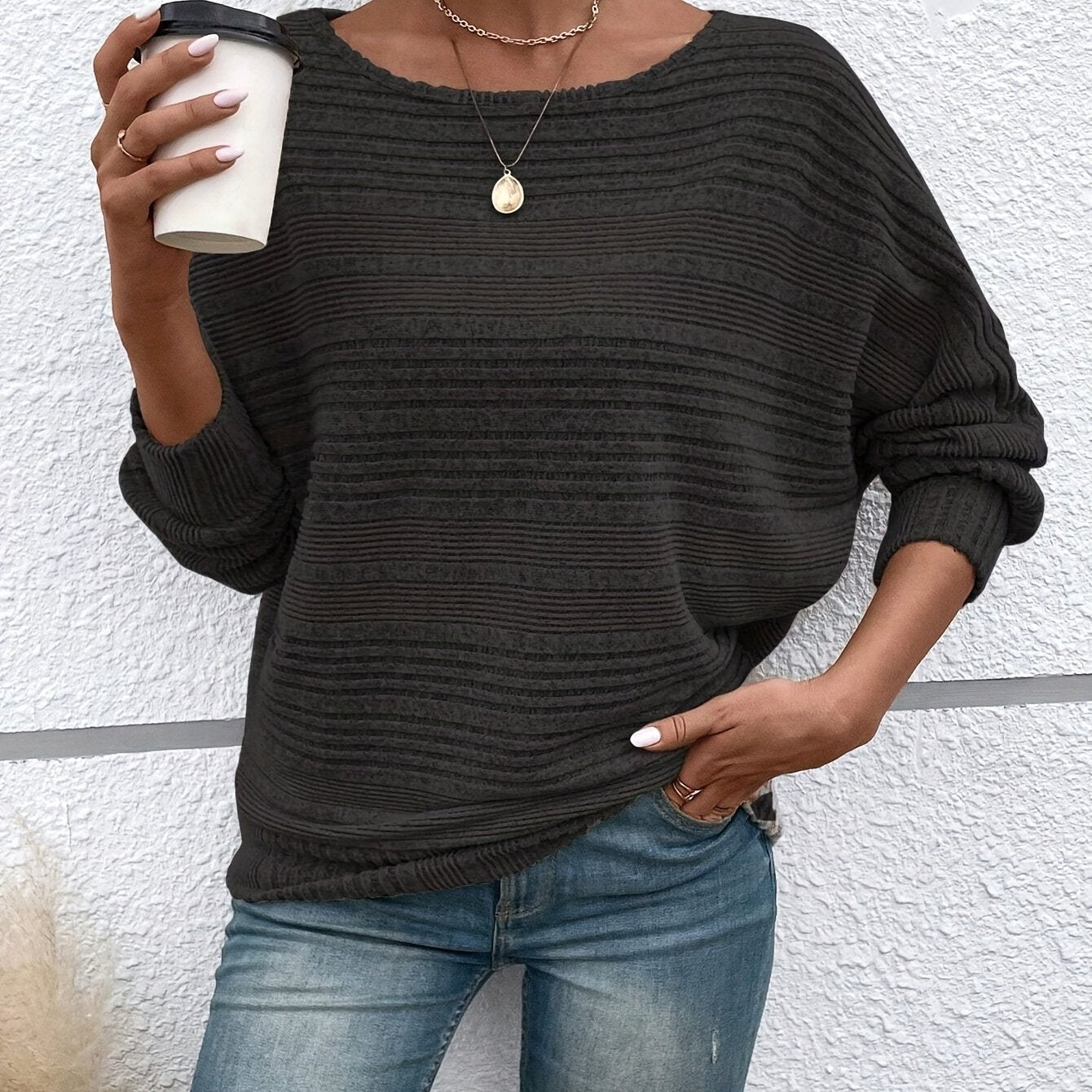 1 հատ Women'S Casual Crew Neck Knit T-shirt - պոլիեսթեր պինդ գույնի երկարաթև վերնաշապիկ գարնան/աշունի համար
