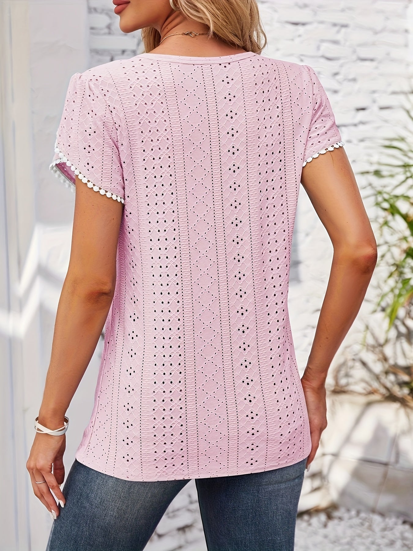 Women'S Elegant Blouse - Soft Pink Round Neck T-Shirt with Floral-like eyelet details, Breathable Loose Fit Top for Casual & Formal Outfits - Everyday Summer Shirt for Women, Ladies T Shirts, Versatile Clothing, Feminine Styl