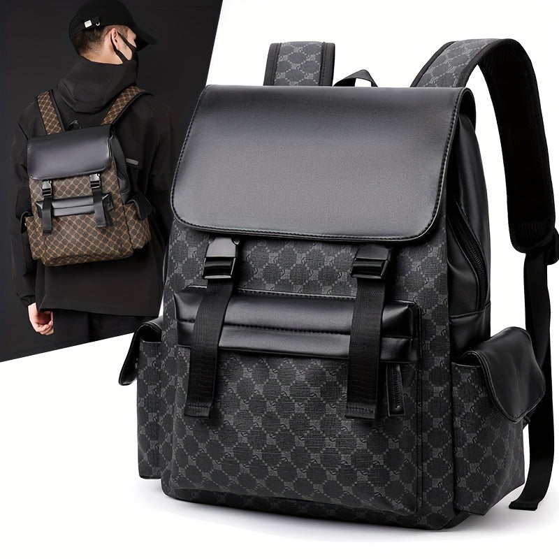 Men'S Stylish Black Brown Gingham Print Backpack - Versatile Commuter Bag with Multiple Pockets, Adjustable Straps, and Golden-Tone Hardware for Work, Travel, and Study, Travel Backpack Gingham Pattern Synthetic Backpac