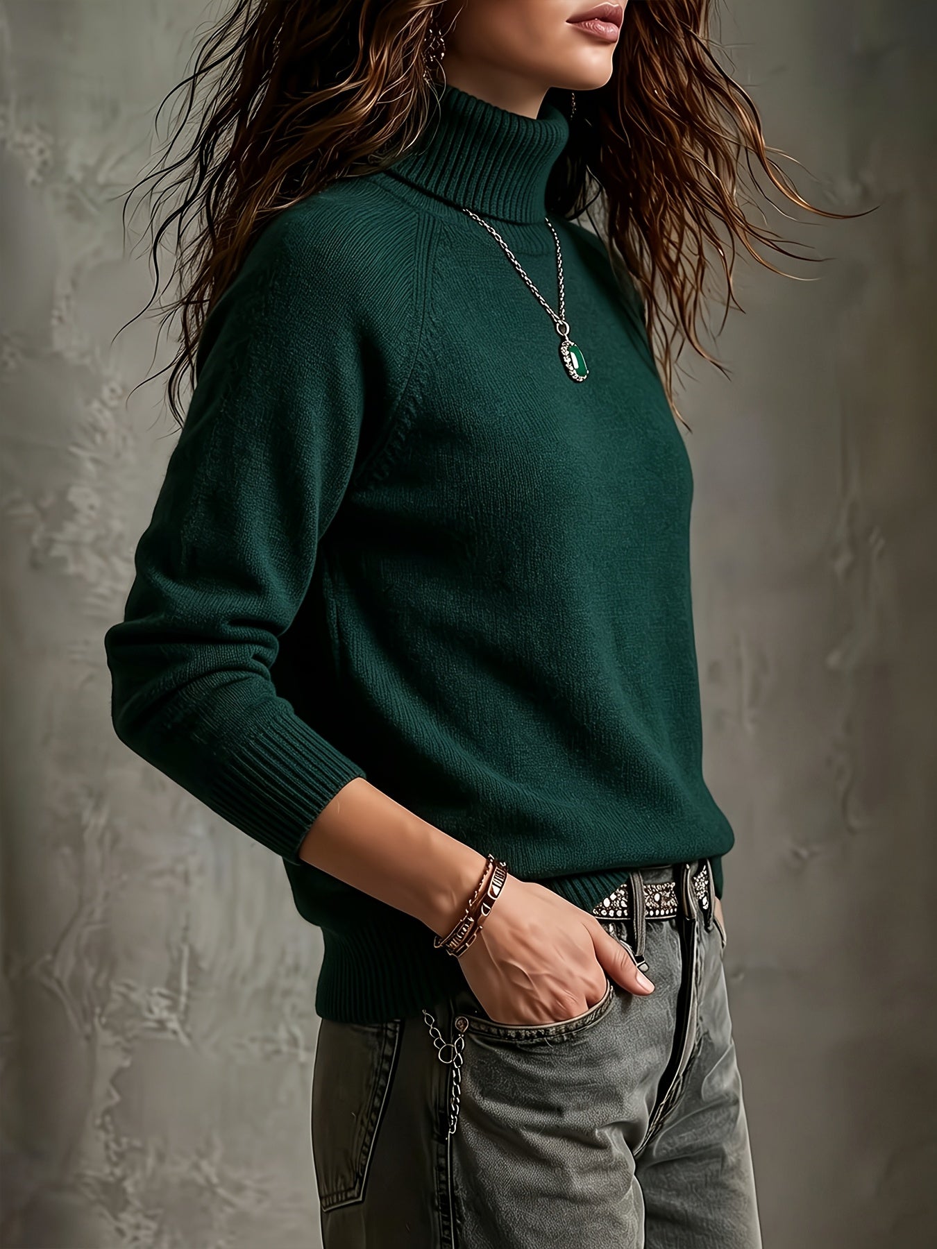 Women's Autumn Winter Wool Blend High-Neck Pullover Sweater