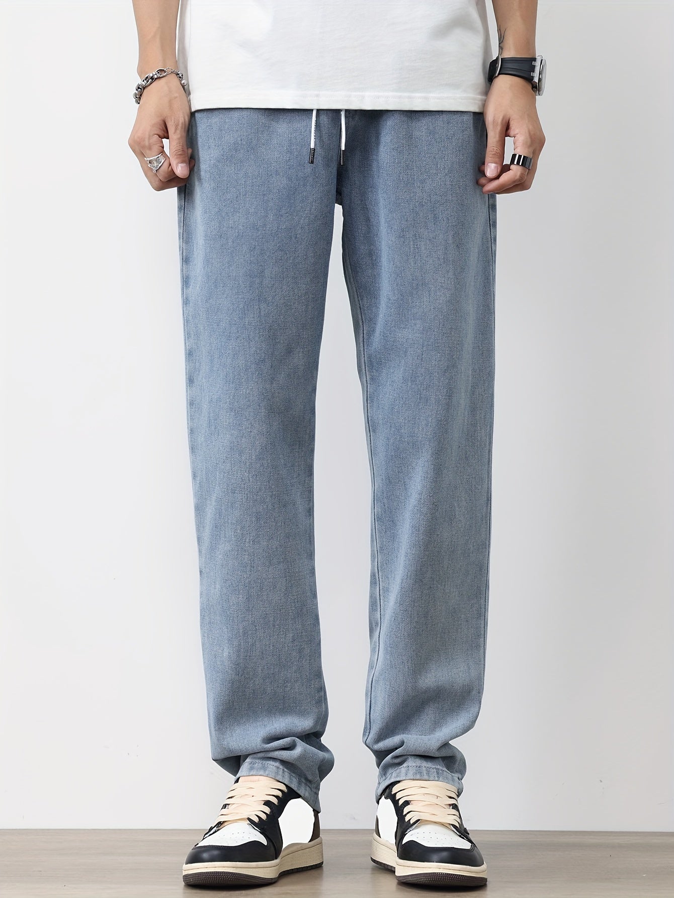 Men's Solid Washed Denim Trousers With Pockets, Causal Drawstring Cotton Blend Barrel Jeans For Outdoor Activities