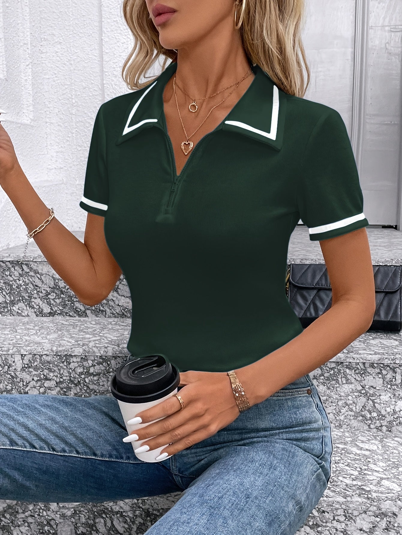 Women's Elegant Black Shirt with White Collar & Cuff Detail - Short Sleeve, Zippered, Stretchy Polyester-Spandex Blend, Machine Washable, Perfect for Casual or Professional Outfits