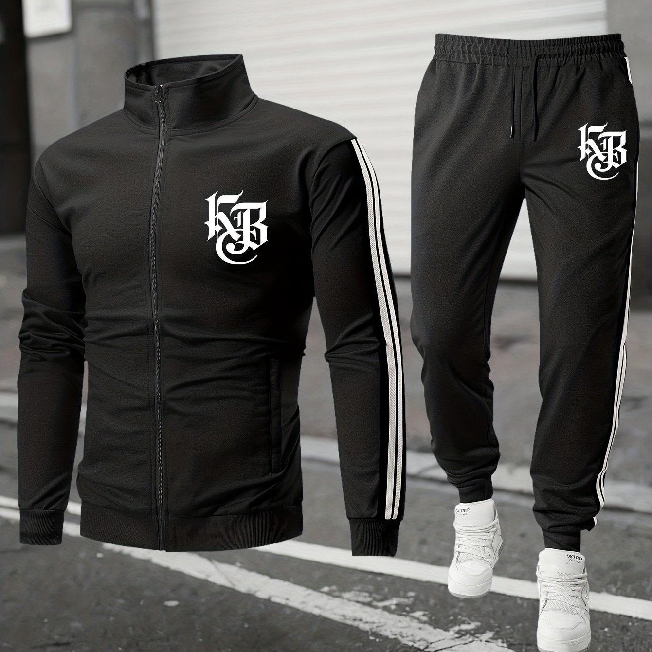 Casual Print Full-Zip Men'S Sportswear Set, Suitable for Gym Workouts And Running, Includes a Long-Sleeve Stand-Up Collar Jacket And Elastic Waist Joggers in a 2pcs Set