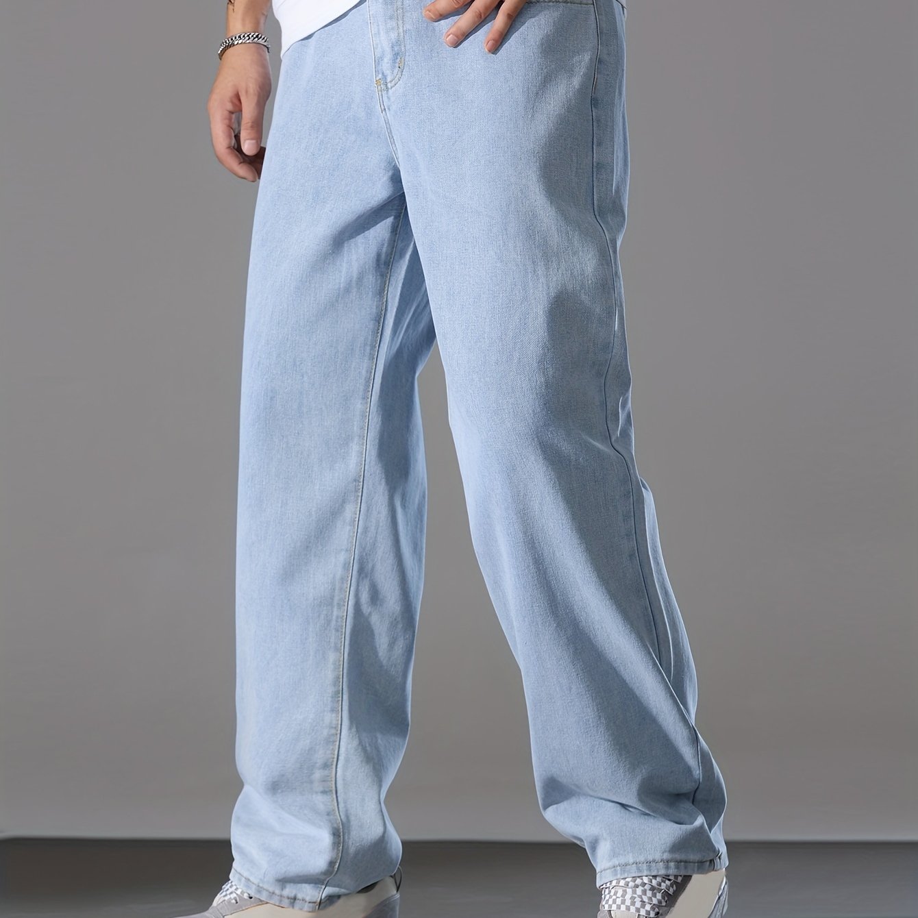 Men's Solid Denim Pants With Pockets, Causal Cotton Blend Jeans For Outdoor Activities