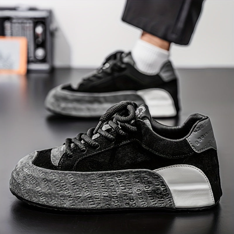 Men's Lightweight Breathable Casual Sneakers - Thick Cushioned Sole, Lace-Up Low-Top Design, Durable PU PVC Construction for All-Season Outdoor, Gym, Running Daily Wear - Black, Outdoor Walking Shoes, Chunky Sole, Comfort