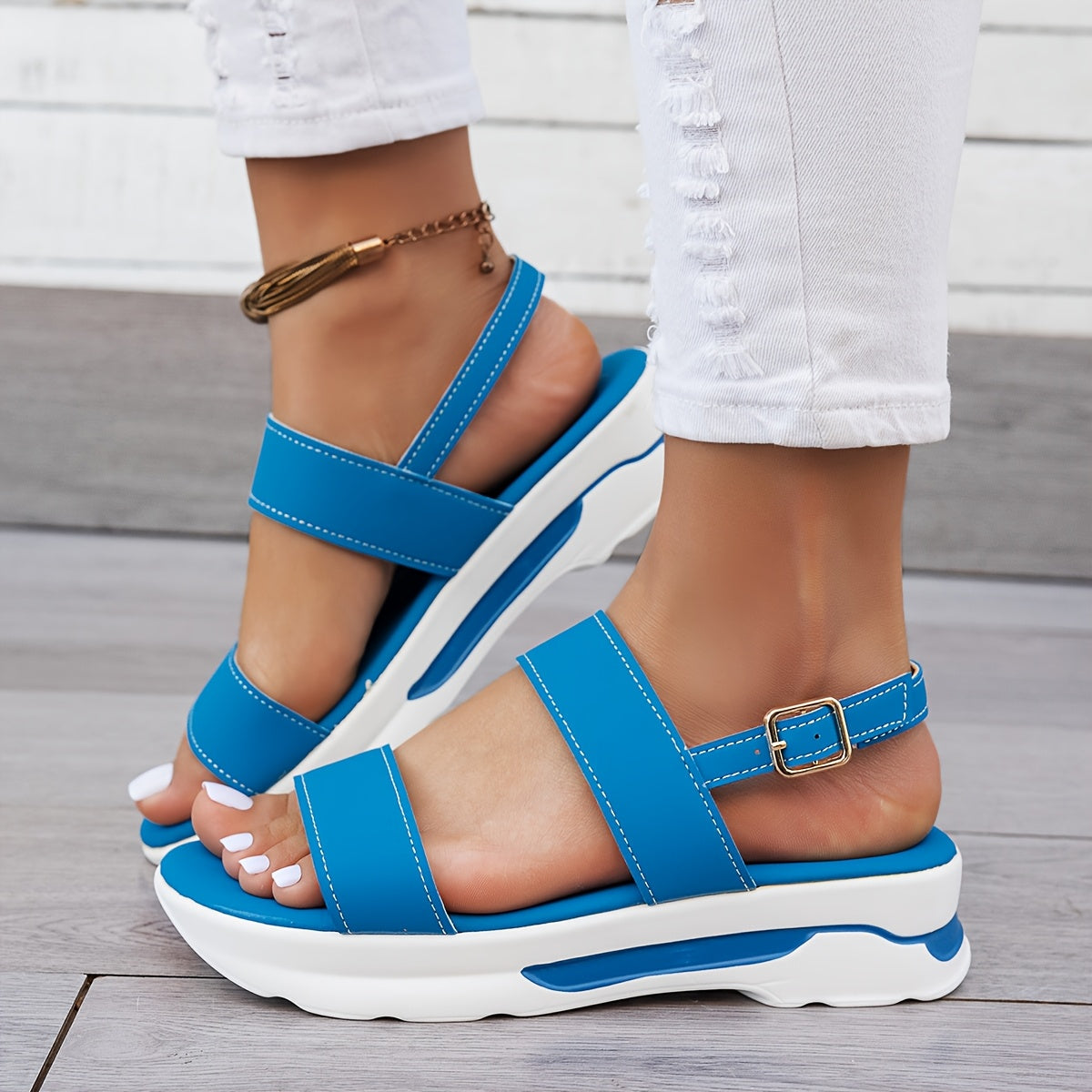 Women's Summer Plain Color Wedge Sandals, Casual Open-Toe Simple Thick Sole Beach Shoes with Comfortable Ankle Strap Wedges