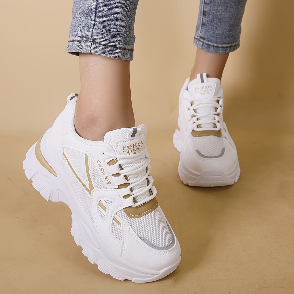Women's Heighten Mesh Breathable Chunky Sneakers, Color-block Thick Bottom Casual Outdoor Running Shoes