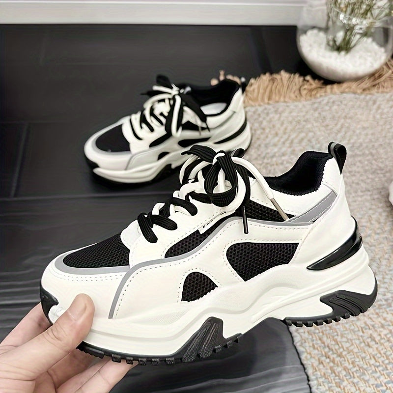 Women's Breathable Mesh Chunky Sneakers - Versatile All-Season, Mid-Top Lace-Up Sports Shoes in Beige/Brown & Black/White, Faux Cover Upper with Rubber Sole, Easy Care, High Top Sneakers