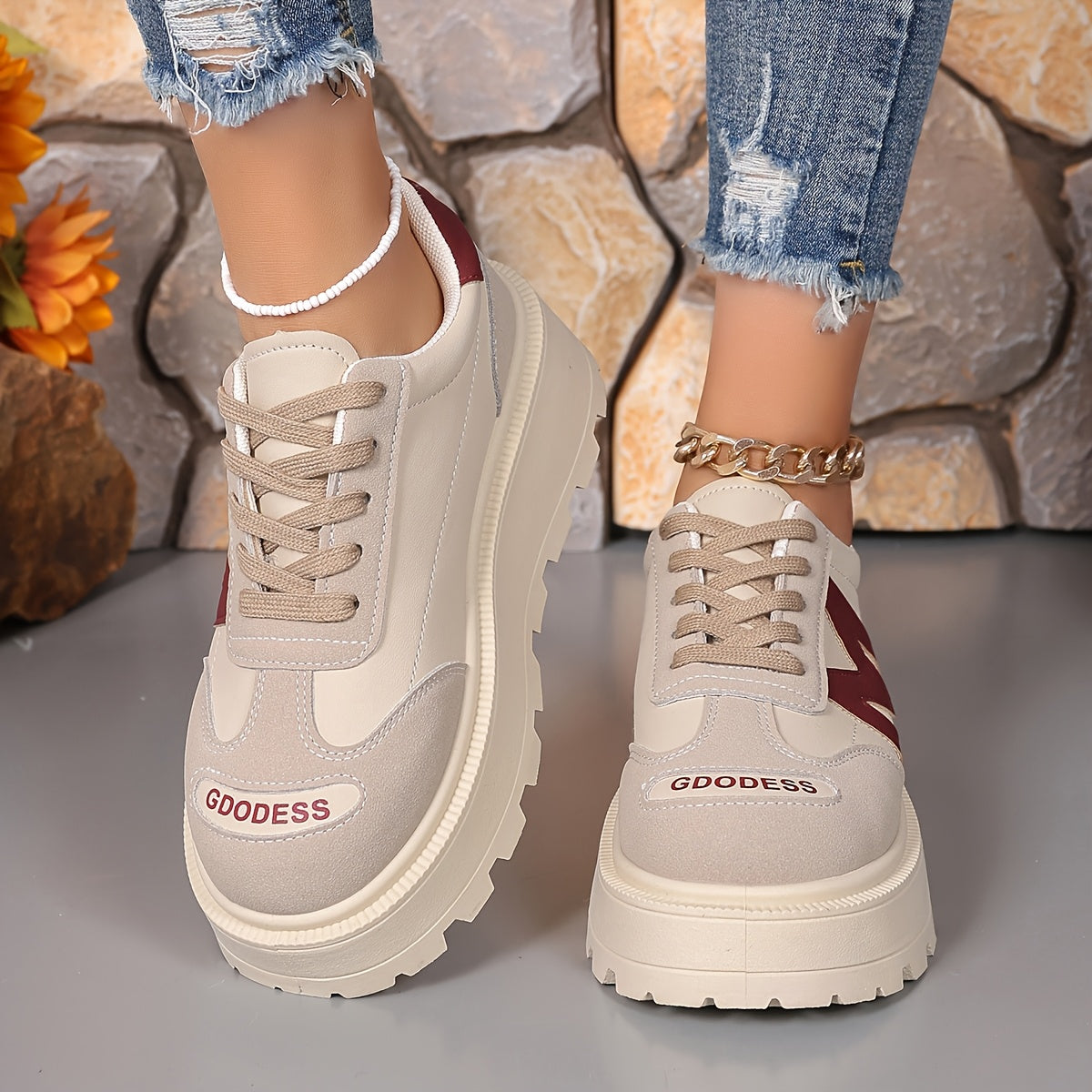 Women's Casual Lace-Up Sneakers - Breathable, Thick Sole, Round Toe, Faux Cover - White, High Top Sneakers