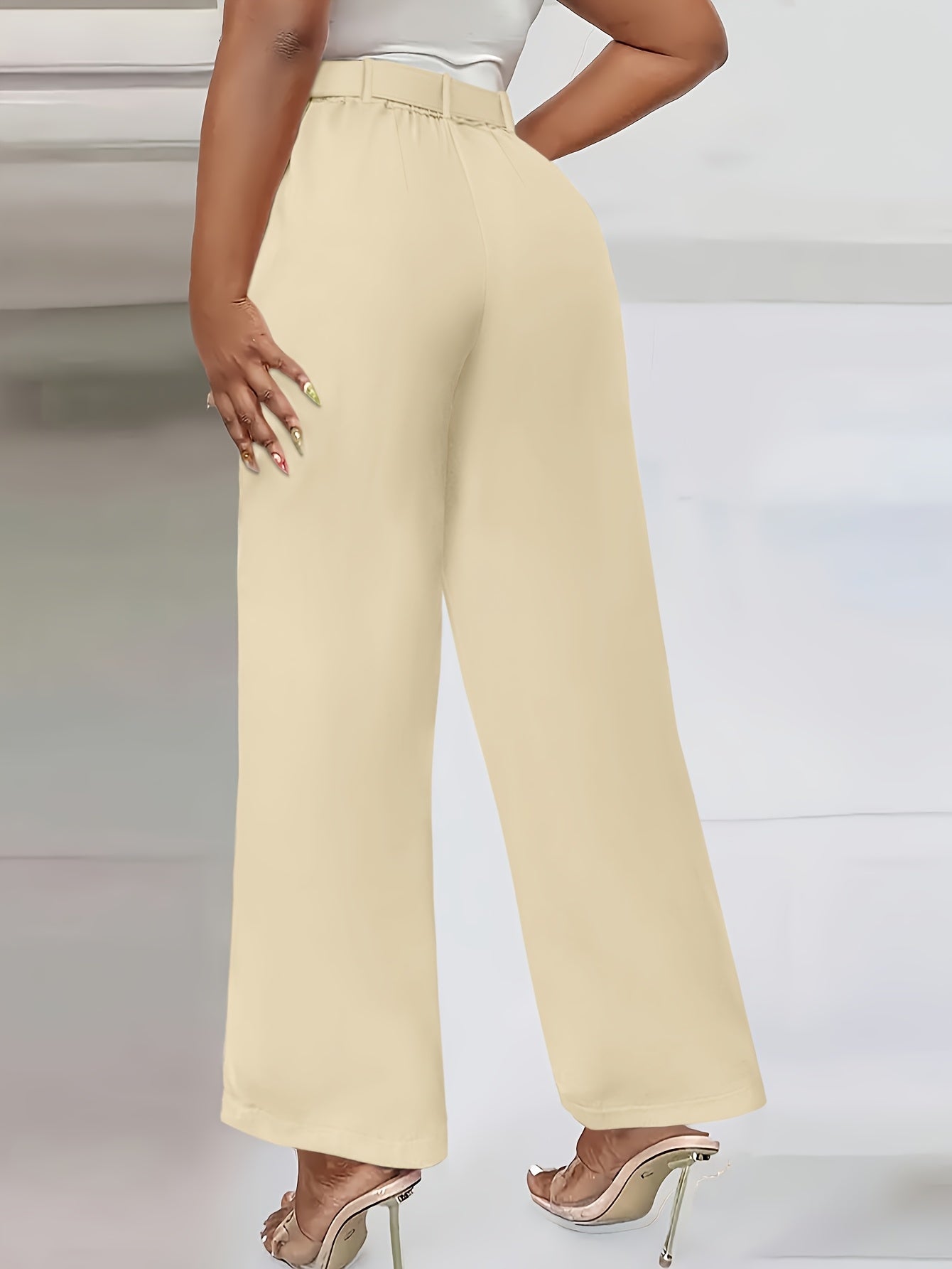 Women'S High-Waist Button-Detail Casual Straight Leg Pants, Solid Color, Polyester, with Belt, for All-Season Woven Trousers
