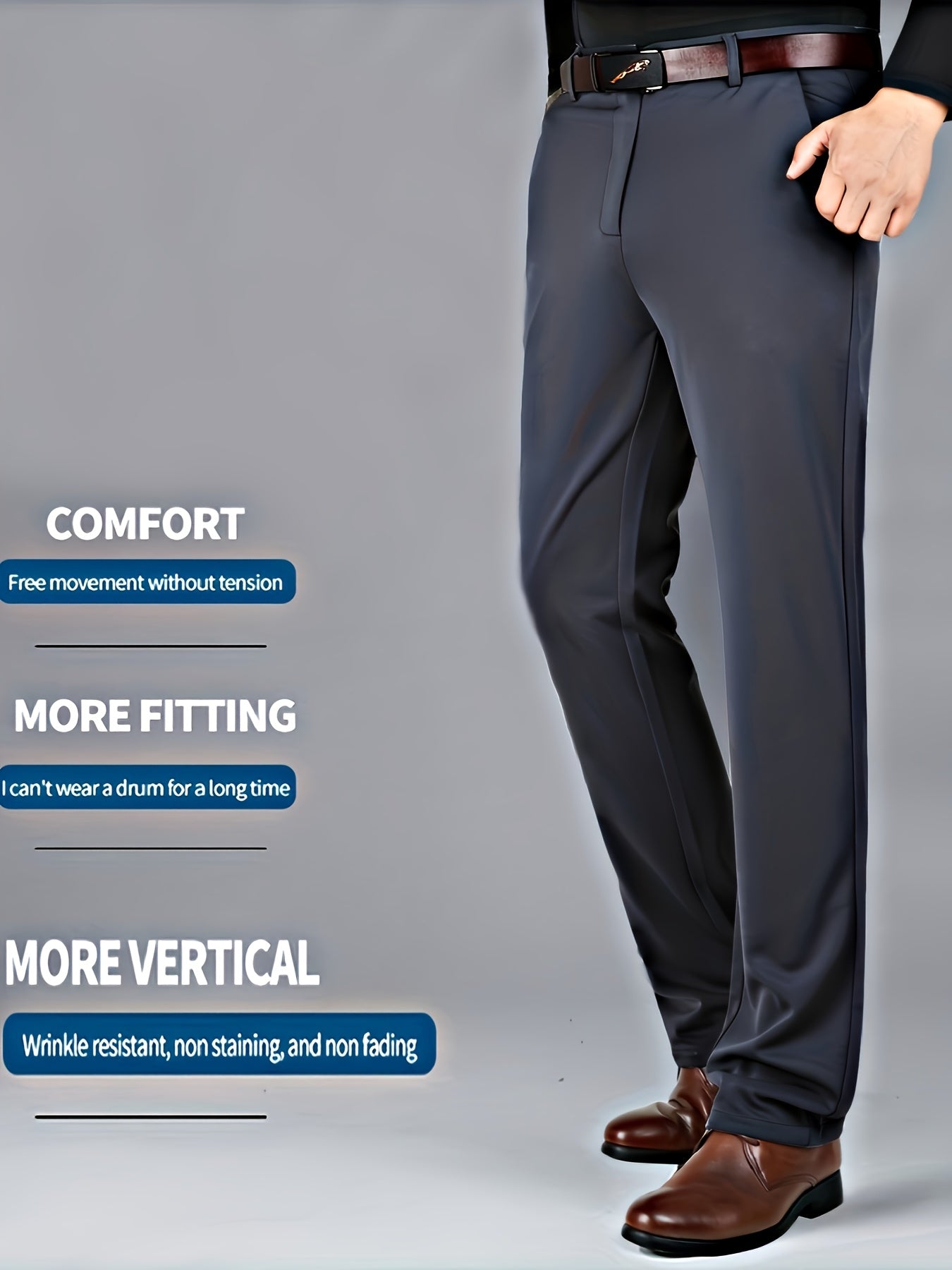 Men's Sleek Business Casual Dress Pants - Solid Black, Straight Leg, Wrinkle-Resistant Polyester Blend, All-Season Formal Trousers with Button Detail