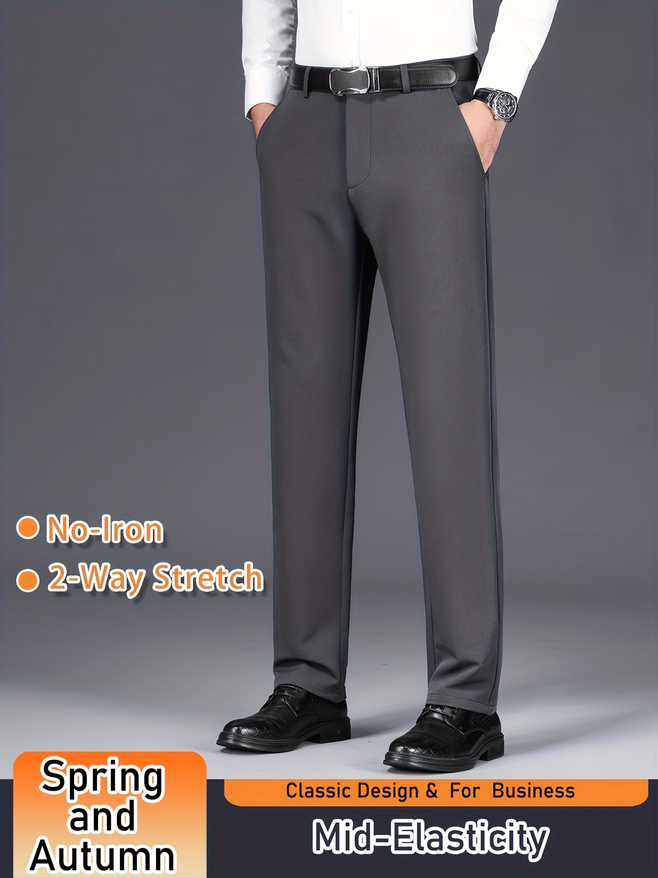 Men's Solid Color Dress Pants, Classic Design Slightly Stretch Formal Dress Pants For Business Occasions, Spring And Fall