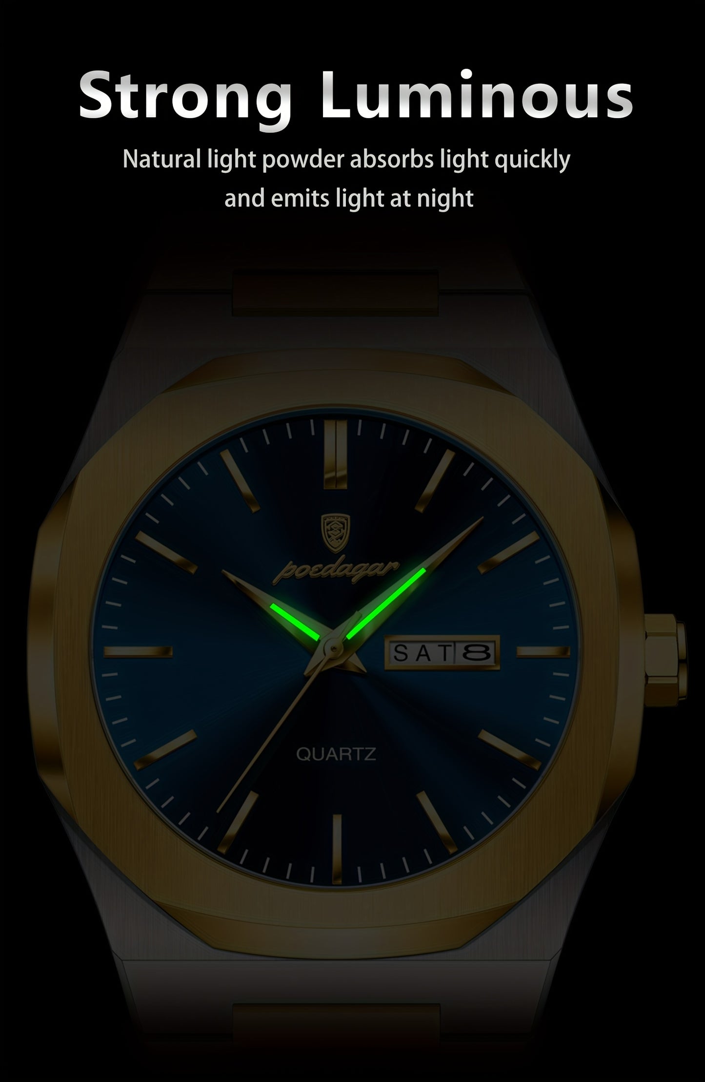 POEDAGAR Men'S Luxury Quartz Watch - Waterproof, Luminous Calendar, Stainless Steel Band, Business Style, Blue & Golden Accents, 3ATM, Non-Rechargeable Button Battery, Perfect for Spring Festival & Valentine'S Day Gifts