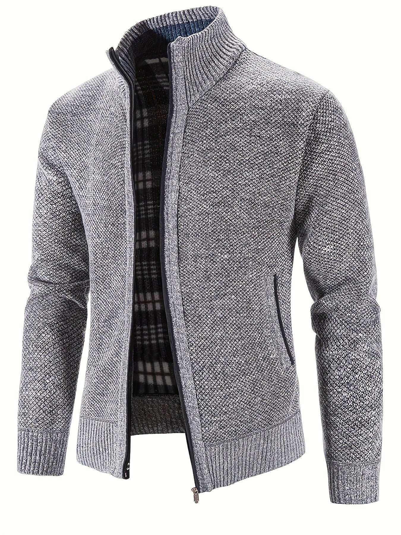 Men's Solid Fleece Knitted Cardigan With Pockets, Casual Long Sleeve Turtle Neck Zip Up Warm Sweater For Winter Fall Outdoor Activities