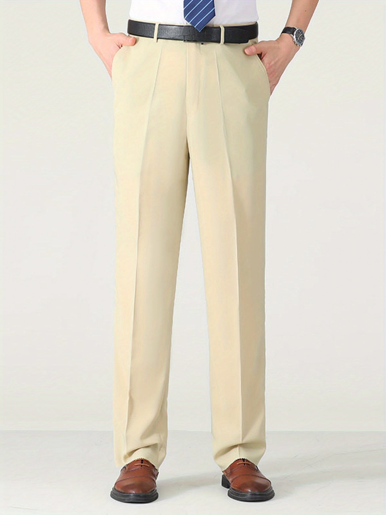 Men'S Solid Color Straight Leg Casual Business Casual Pants, Regular Length, Slight Stretch Polyester Fabric, with Pocket, for Spring/Fall