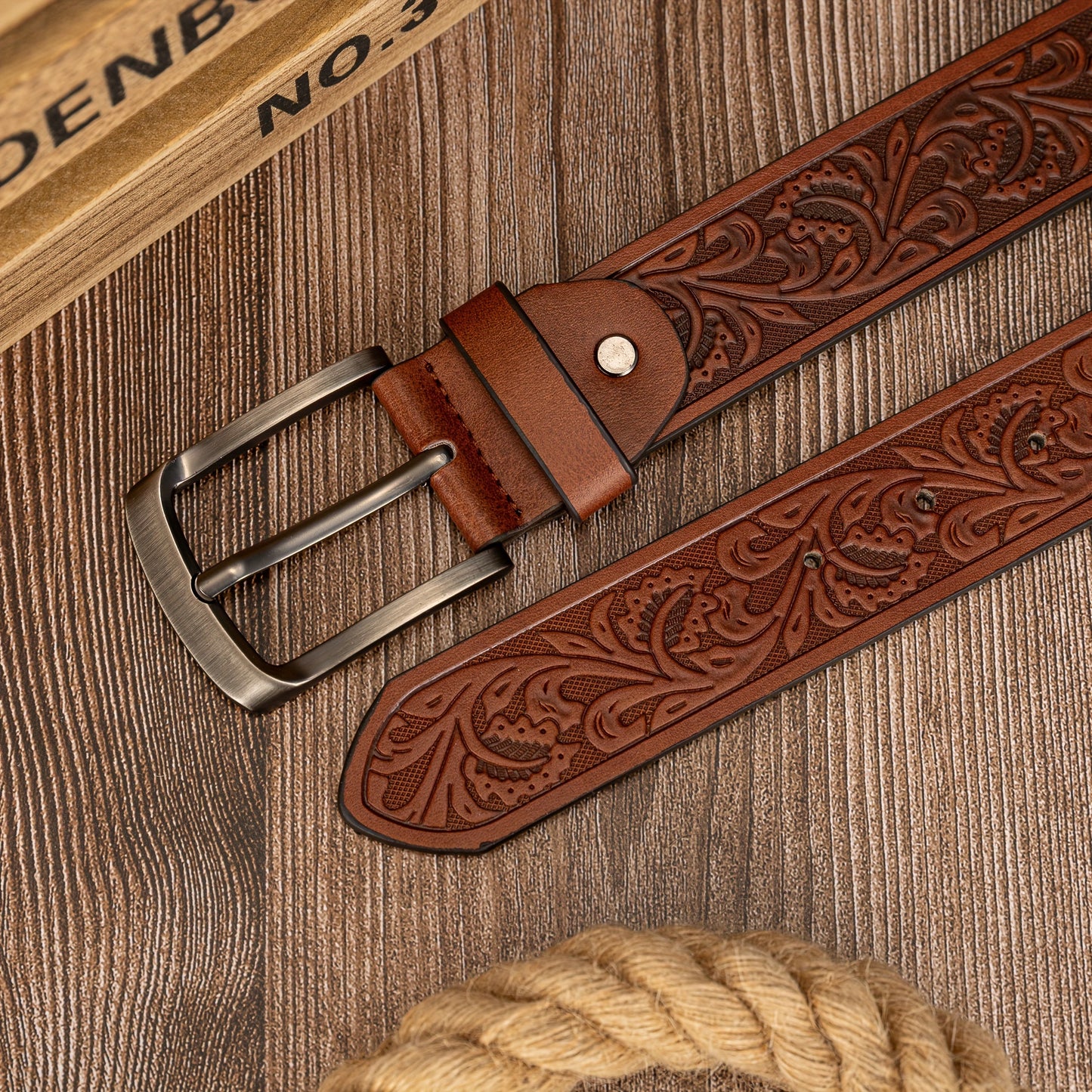 Preppy Style Men's Embossed PU Leather Belts with Vintage Leaf Pattern and Alloy Shaped Buckle