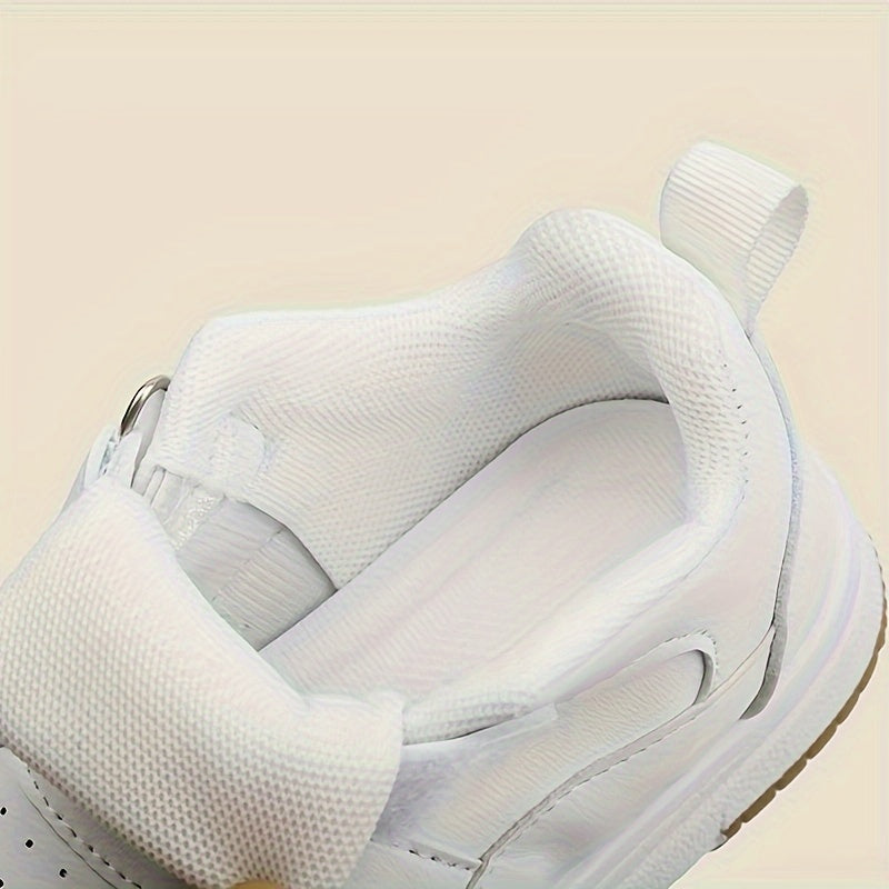 Preppy Style Solid Color Casual All-Season Low Top Sneakers for Boys and Girls with Adjustable Strap Closure, PU Upper, Fabric Lining, and Durable Rubber Sole, Perfect for Daily Wear & School Under 14 Years - White