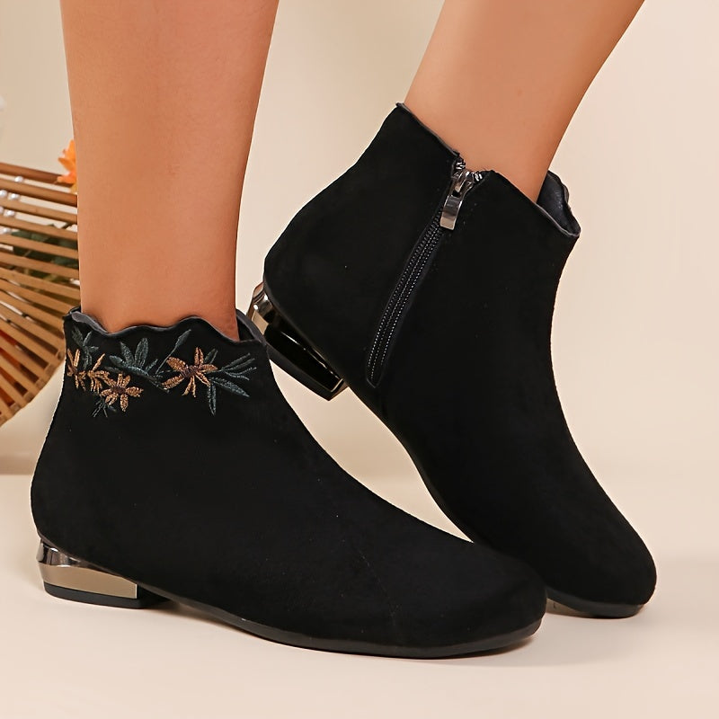 Women'S Casual Ankle Booties with Embroidery - Solid Color Flannel Platform Boots with Zipper Closure, Round Toe, Block Heel, Rubber Sole, Fall Season Low Heel Short Boots with Random Printing Detail