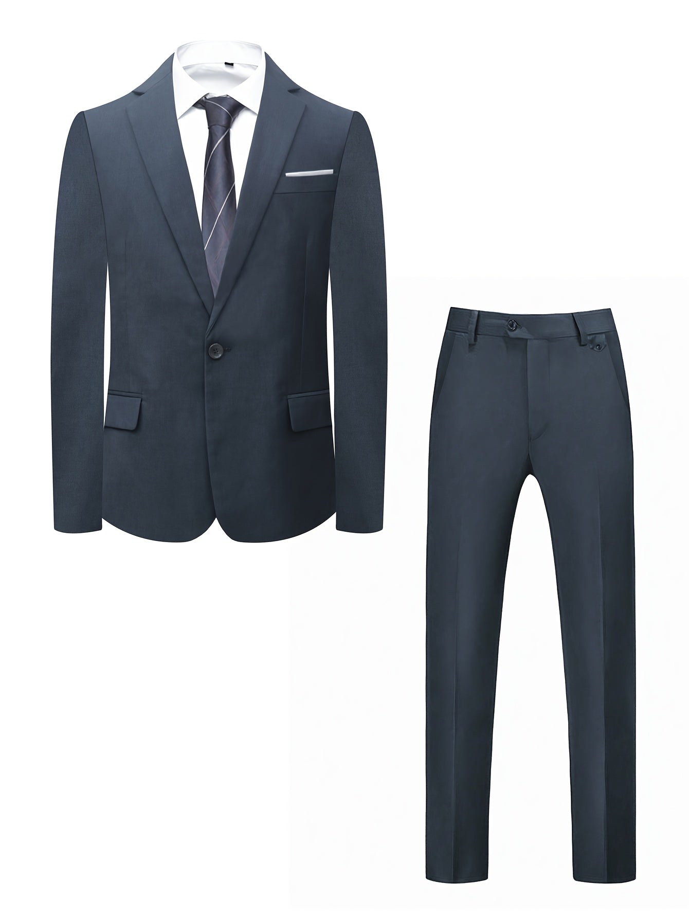 Men's Two-Piece Suit in Solid Color with Sealed Pockets, Regular Fit Suit Trousers, Elegant and Classic, Suitable for Business and Wedding Parties